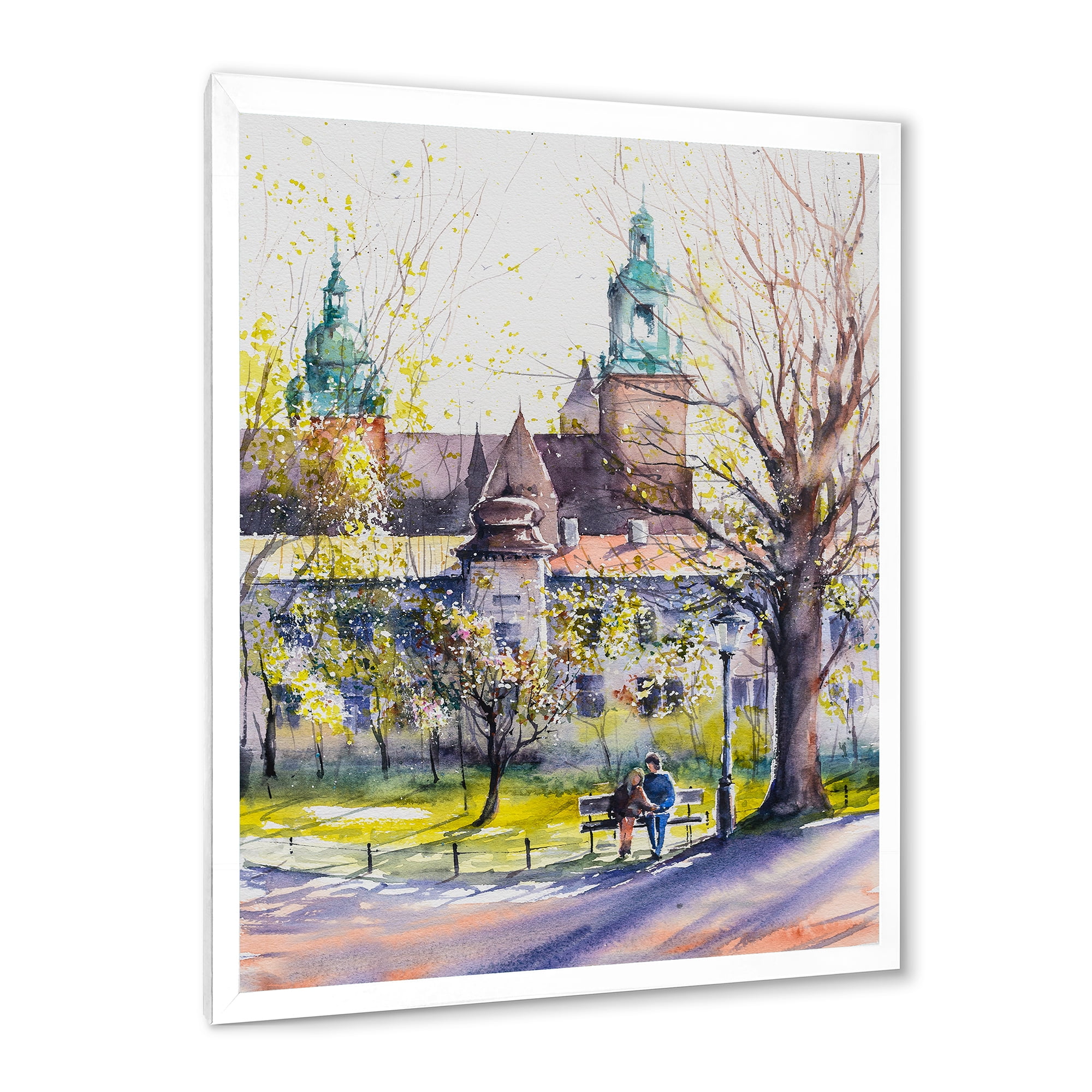 Designart 'Castel Through The Trees of The Park With Couple Sitting on Bench' Country Framed Art Print