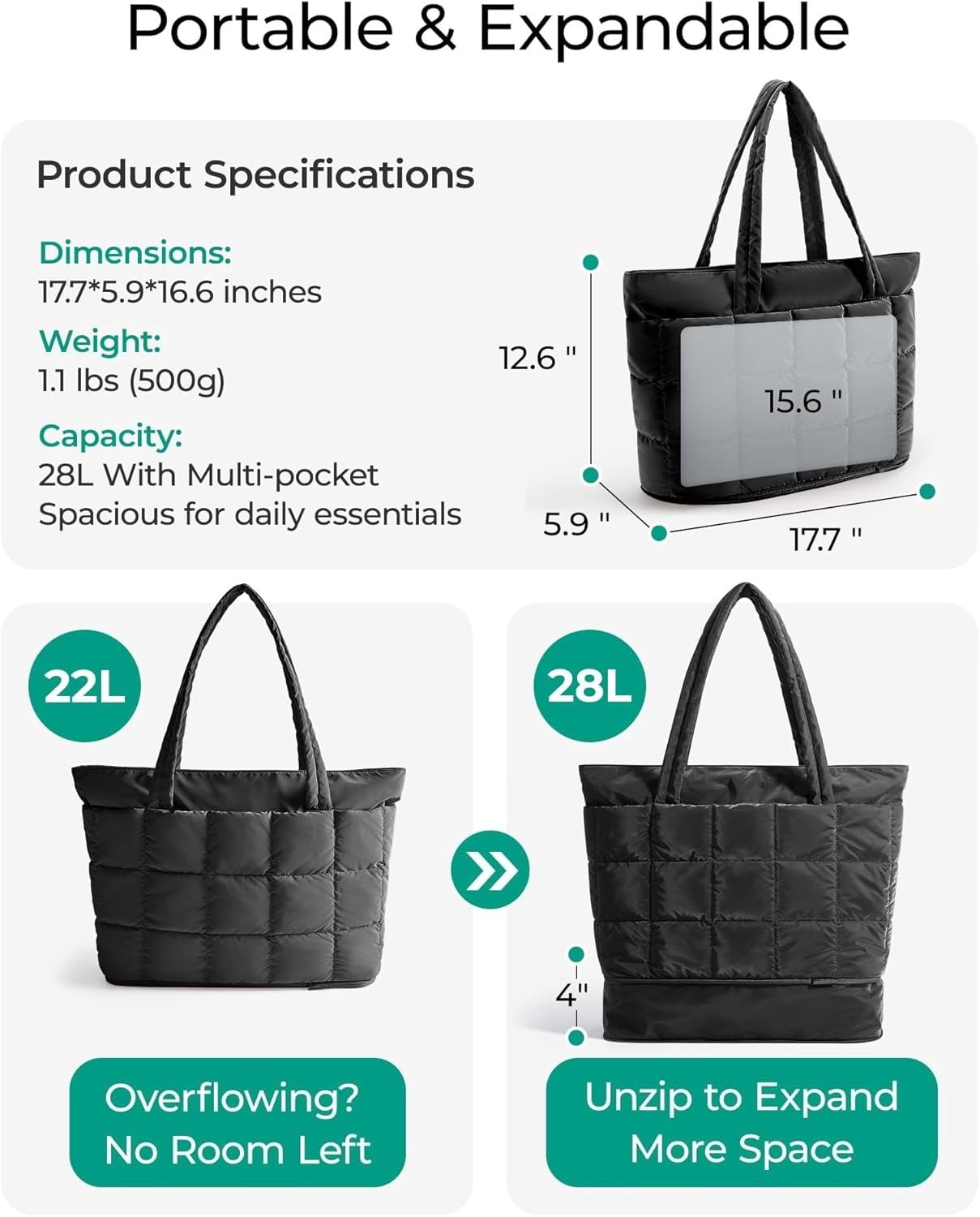 Omlopp Large Tote Bag for Women, Expandable Puffer Work Tote Handbag, Quilted Carry-On Travel Gym Bag-Black