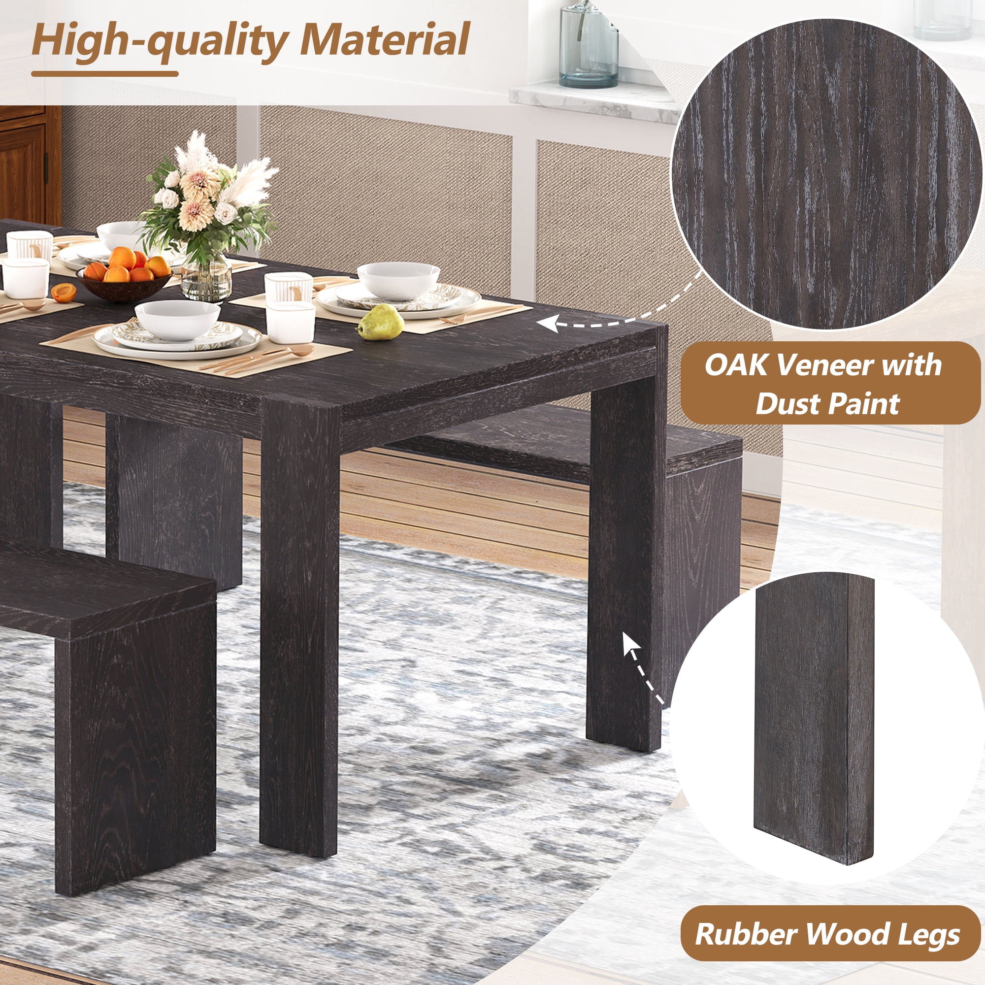 EUROCO 3-Piece Dining Table Set for 4, 60" Wood Kitchen Room Table Set with 2 Benches,Space-Saving Design for Apartment, Small Space and Breakfast Nook,Espresso