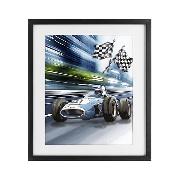 Stupell Industries Contemporary Speedy Racecar with Flags Black Framed Print Under Glass, 13 x 16, by Christine Simpson Art