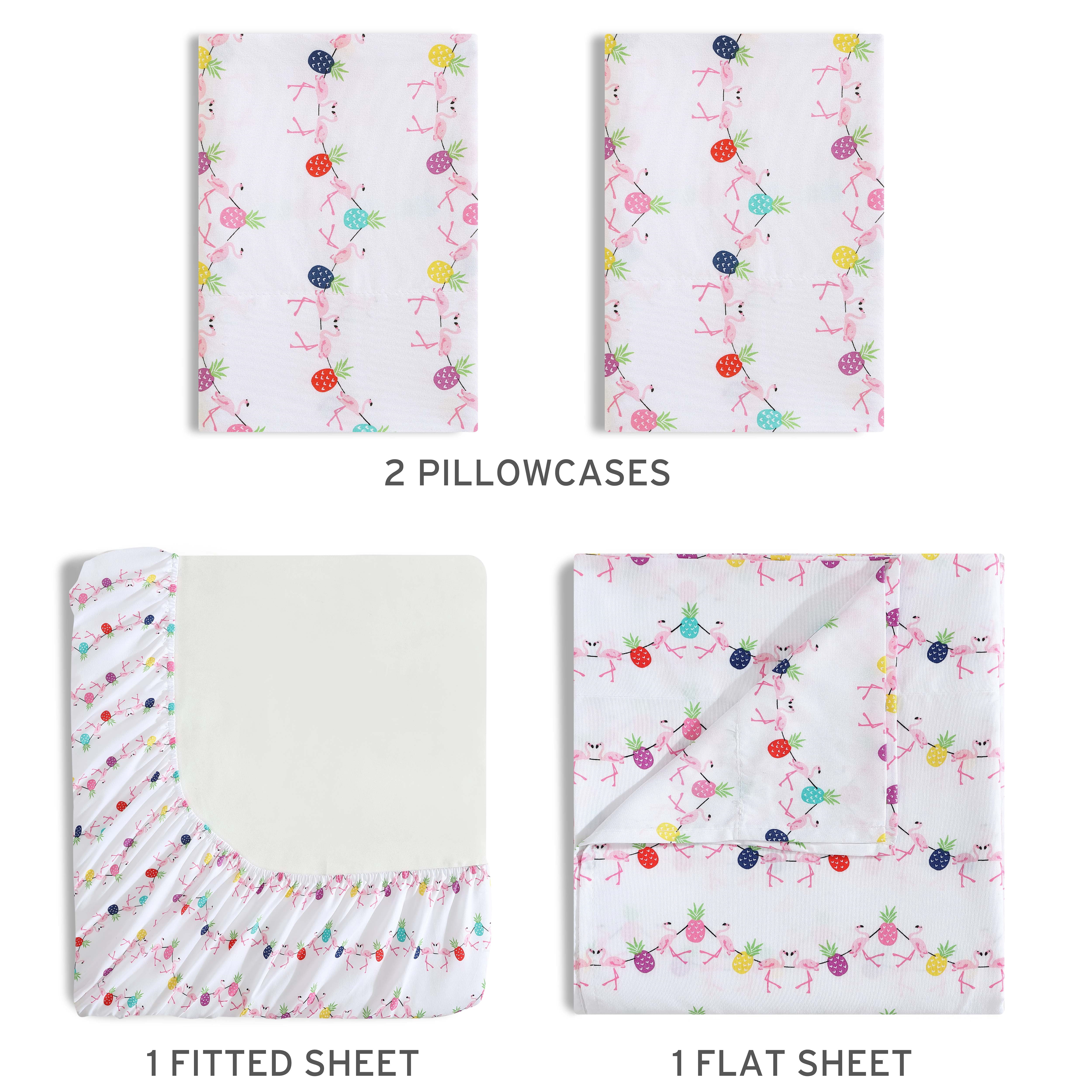 Beatrice Home Fashions, Whimsical Print 4PC Sheet Set, King, Flamingo Pineapple