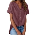 thumbnail image 3 of TaTaai Summer V Neck Casual Top, Women's Half Button Open Front Design, Linen Inspired Short Sleeve Solid Color Shirt Gift, 3 of 9
