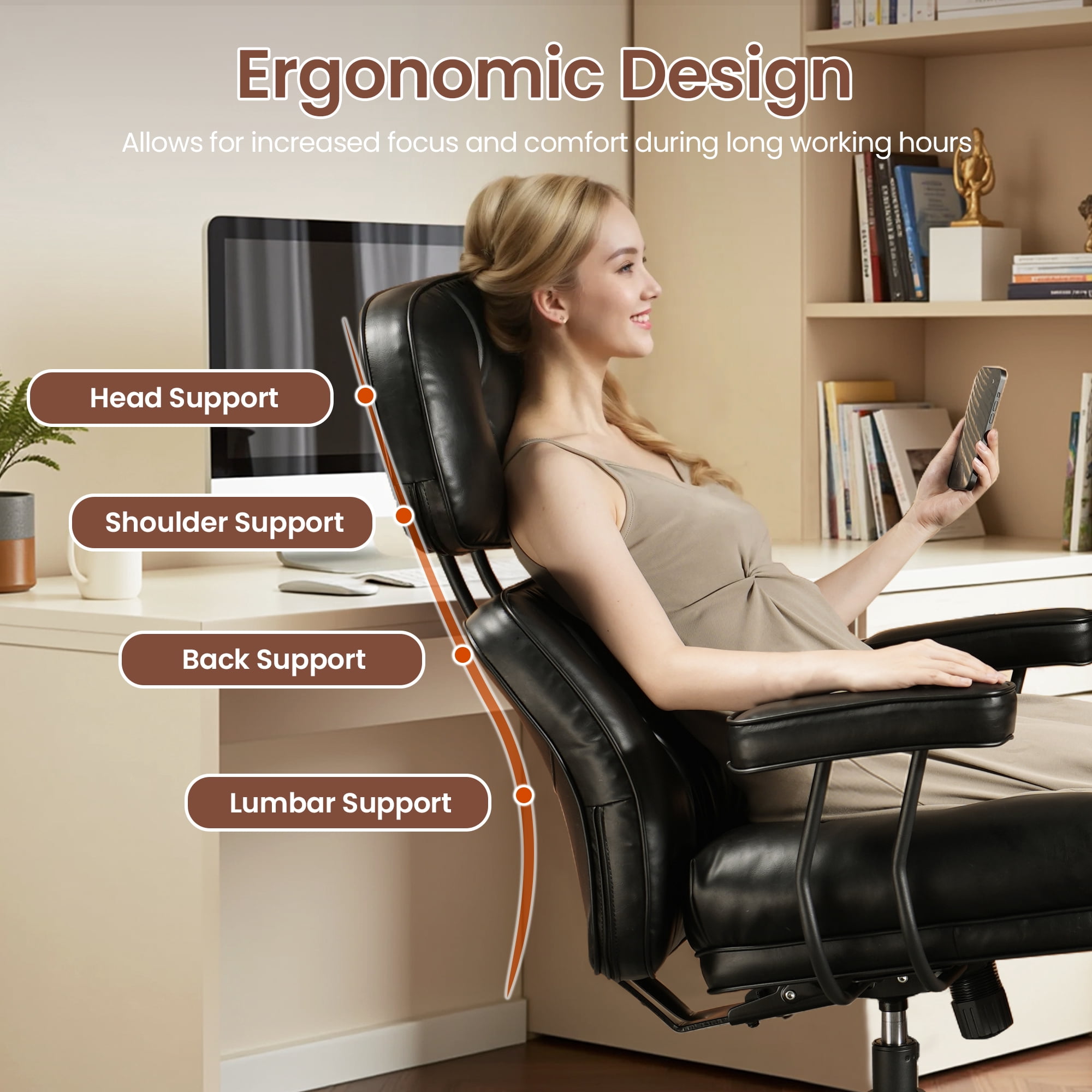 XIZZI Executive Office Chair, Oversized Computer Desk Chair with High Back, Ergonomic Elegant Design, Multi-Layer Memory Foam Cushion, Black (PU Leather)