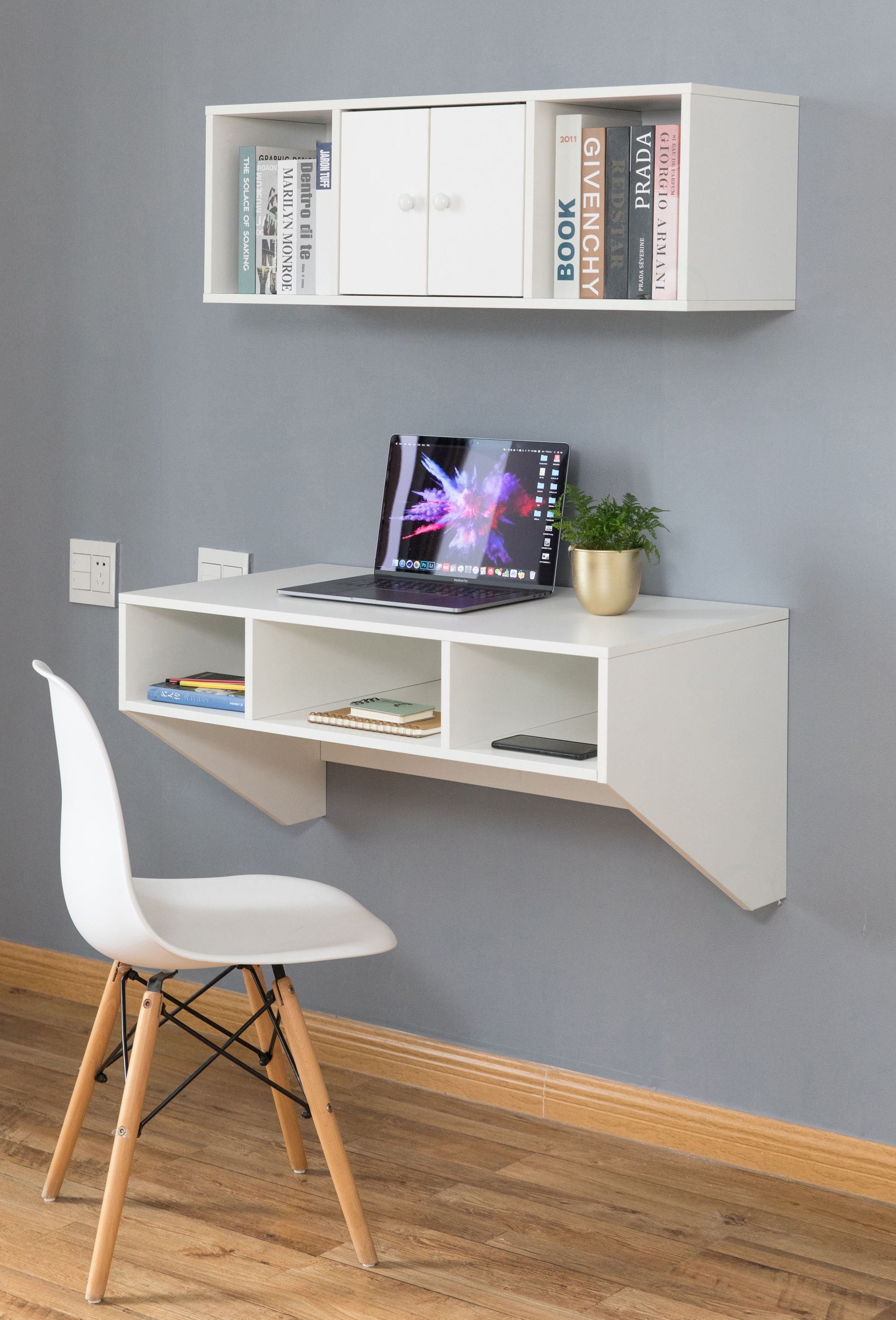 Wall Mounted Office Computer Desk and Floating Hutch Cabinet, White ...