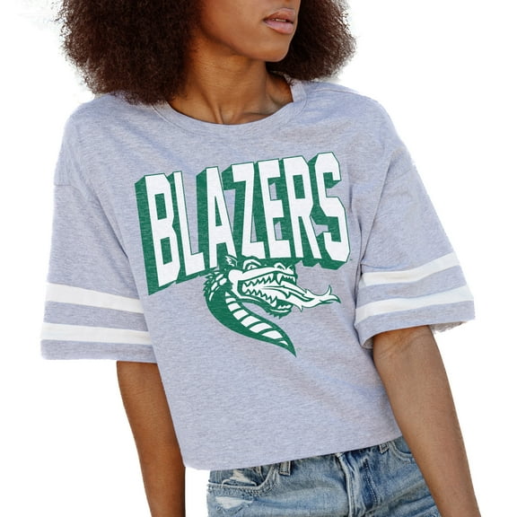 Women's Gameday Couture Gray UAB Blazers No Shortcuts Drop Shoulder Sleeve Stripe Cropped T-Shirt