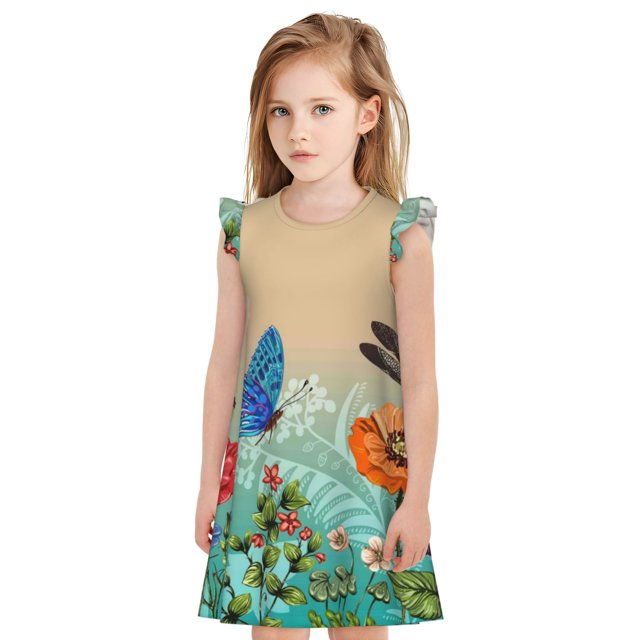 Balery Colorful Plants And Insects Camisón de princesa para niñas, pijama de algodón con mangas abullonadas, suave y bonito.-Large