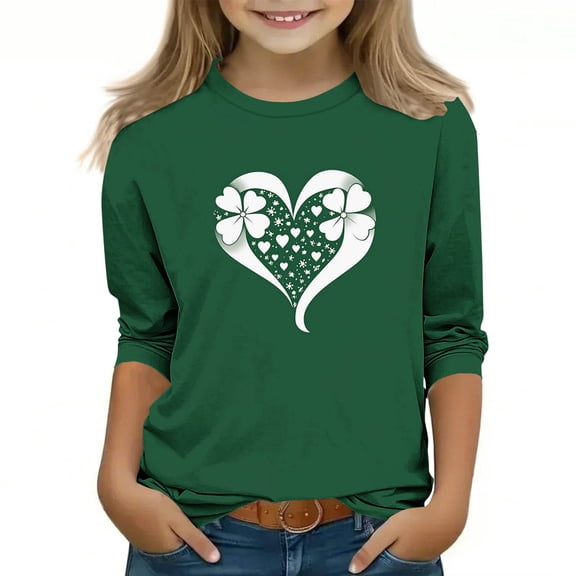 St Patricks Day Shirt for Girls Long Sleeve Green Clover Heart Print Top Soft Stretch Holiday Tee Kids 3-13 Years,Size 9-10T