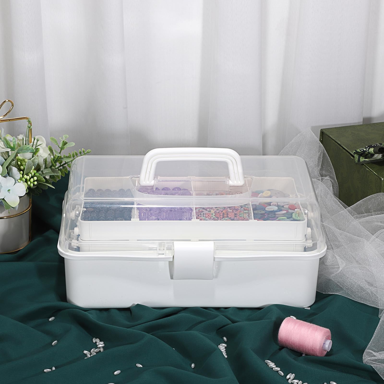 3-layer Plastic Dividing Storage Box Craft Organizer With Adjustable Spacers Portable Handled Art Supply Multipurpose Home Utility For Sewing (beige White)