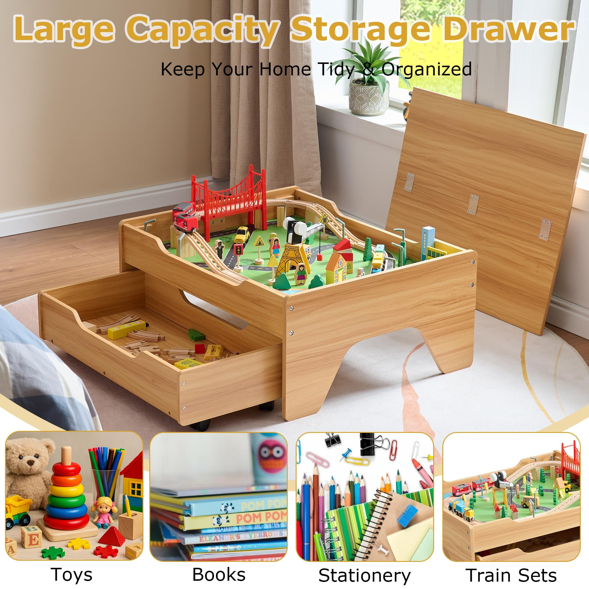Train Table, 3-in-1 Wooden Kids Train Table with Storage Drawer, Rolling Kids Activity Table with Wheels, Toddler Train Track Table DIY Design for Gaming, Drawing, Building