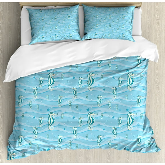 Animal Decor King Size Duvet Cover Set, Cartoon like Seahorses for Kids Nursery Baby Girls Boys Childish Playroom Nautilus, Decorative 3 Piece Bedding Set with 2 Pillow Shams, Blue, by Ambesonne