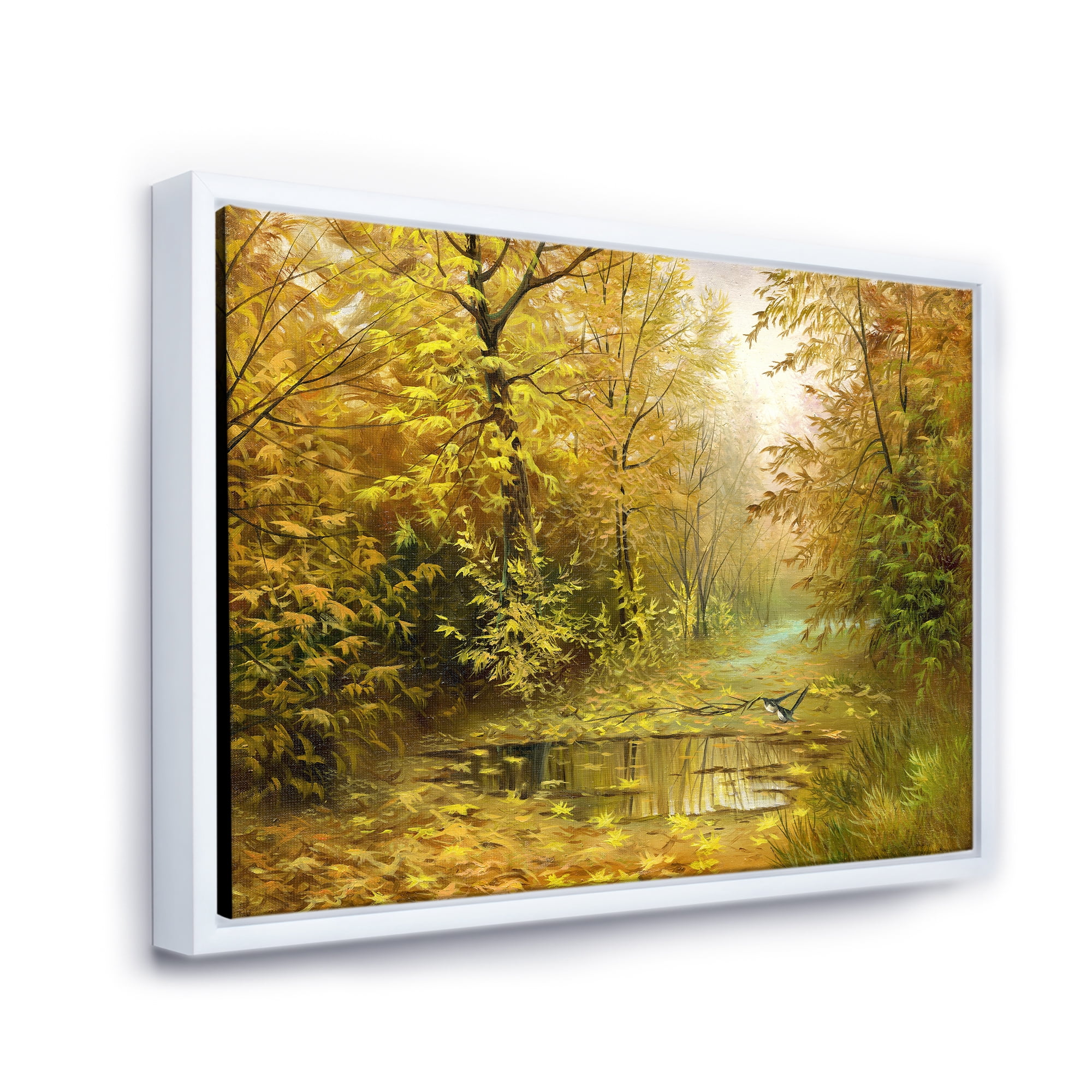 Designart 'Rain Water On Road In Yellow Woodlands' Country Framed Canvas Wall Art Print