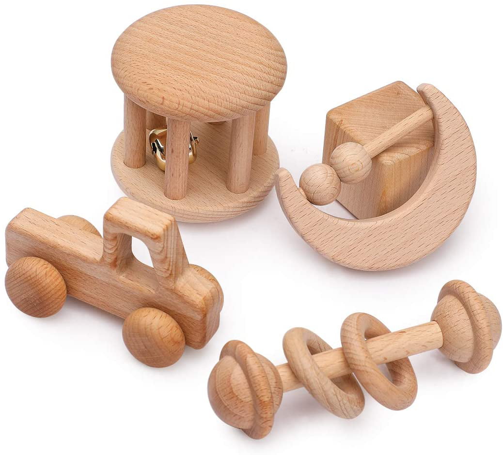 Wooden Baby Rattle Montessori Sensory Developmental Crib Musical Toy Car 