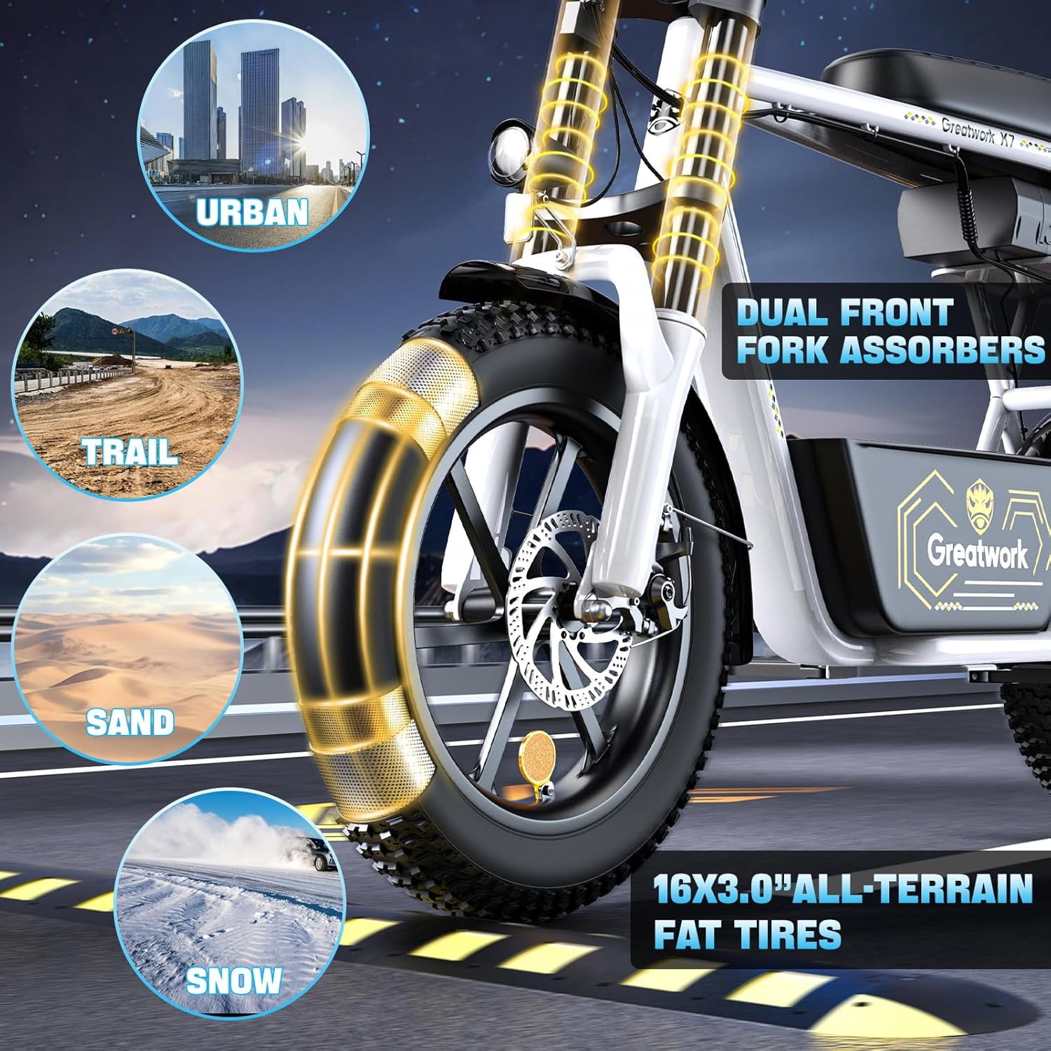 Greatwork K7 PRO Electric Scooter for Adults, Peak 1500W 25MPH, 30-Mile Range, 16" All-Terrain Fat Tires, Motorcycle Style with Seat & Basket, UL2272