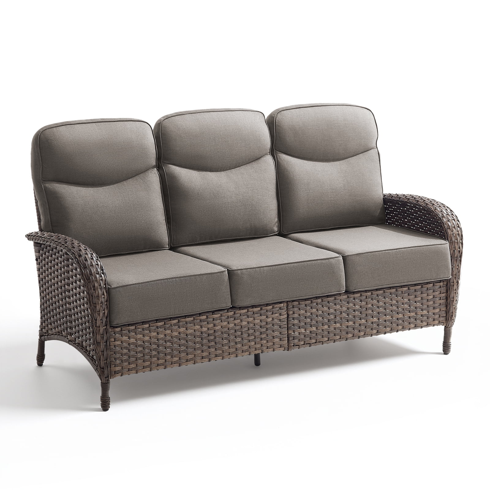 POCASSY 6-Inch Thick Cushion High Back Outdoor Wicker Patio Sofa, All Weather Brown Wicker Furniture 3-Seater Sofa Patio Couch for Porch Balcony Deck, Gray Cushion
