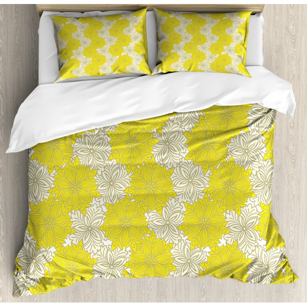 Yellow Flower King Size Duvet Cover Set, Fresh Garden Pattern with Two