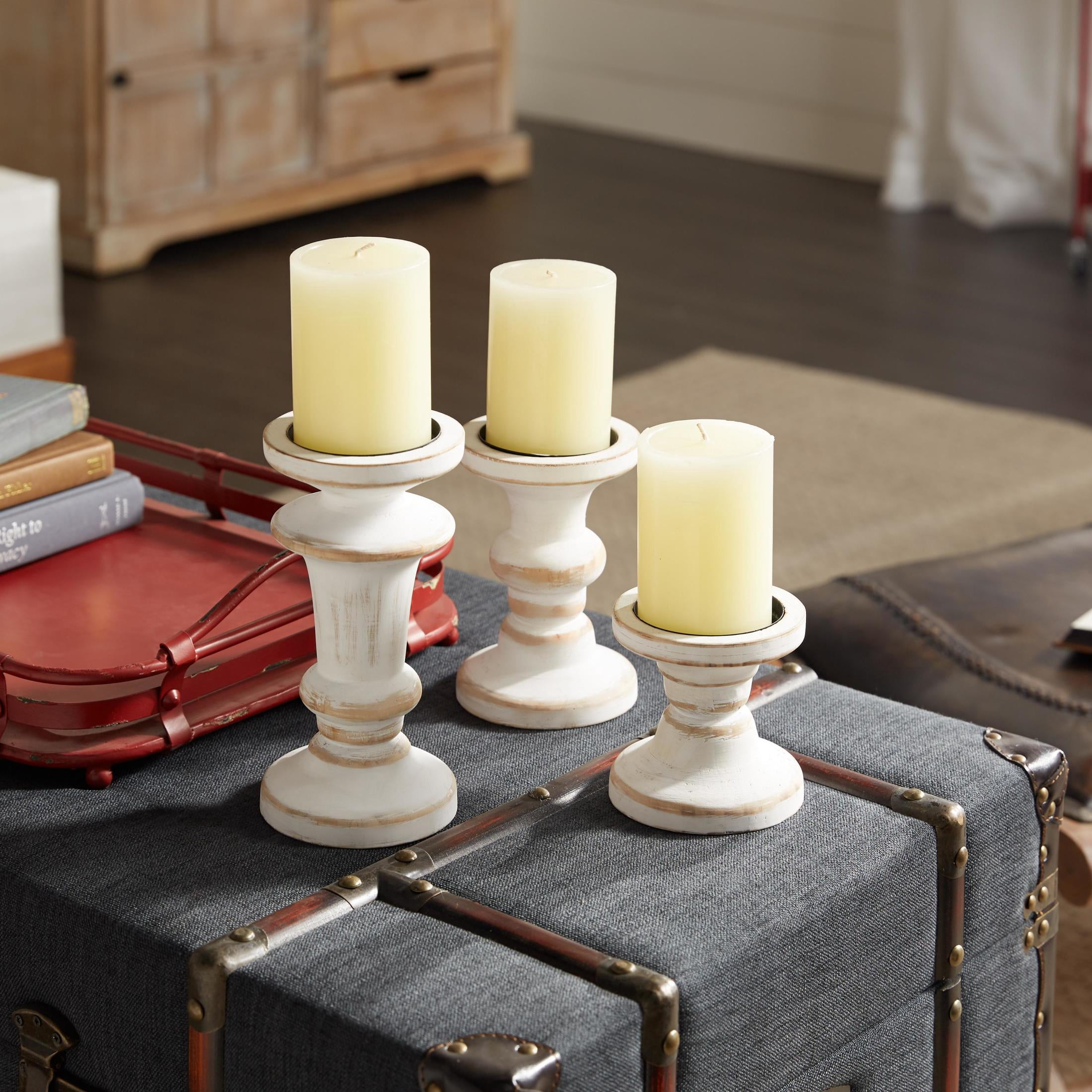 DecMode Farmhouse Wood Pillar Candle Holders, Set of 3, 8", 6", 4"H, White Distressed Finish