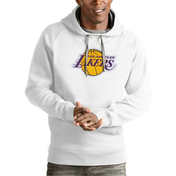 Men's Antigua White Los Angeles Lakers Team Logo Victory Pullover Hoodie