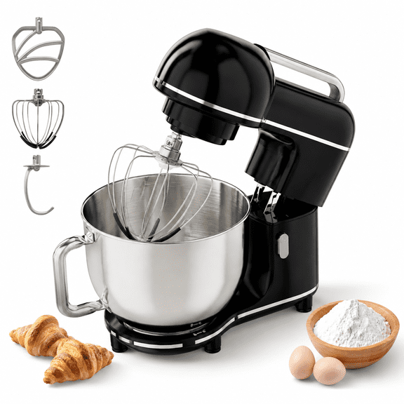Black 7.45 Qt Electric Stand Mixer with 10 Speeds and Attachments for Baking