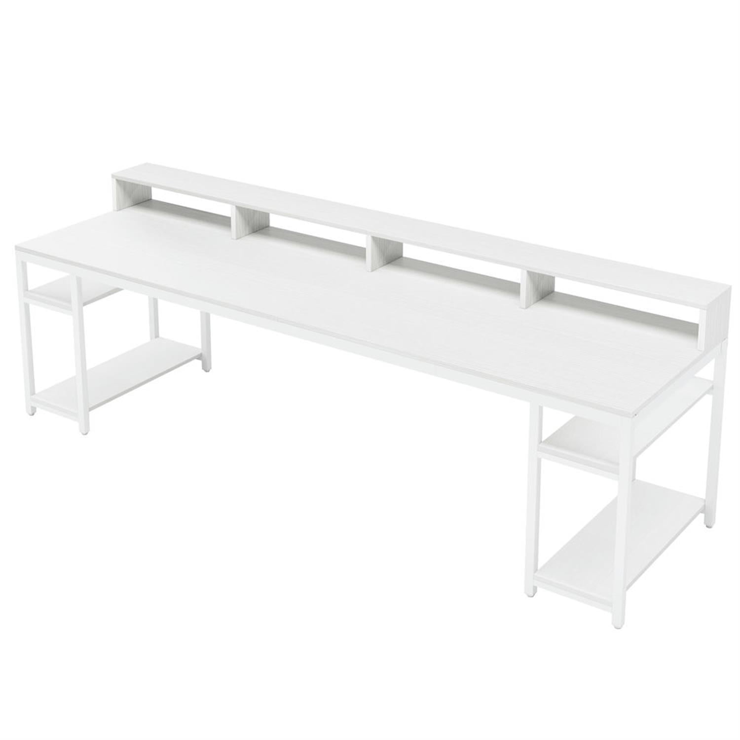 Demi Bonn 78"dustrial Two Computer Desk with Monitor Stand and 4 Open Shelf, Modern Double Study Writing Gaming Table for Home Office, White