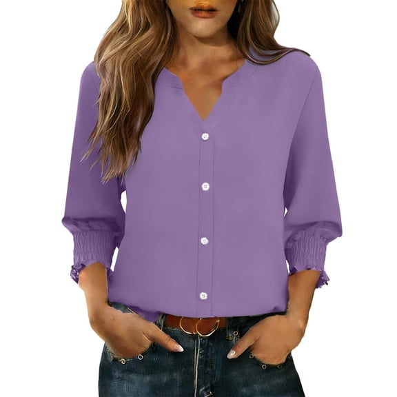 Kukoosong Women's Casual V-Neck Button Up Crop Top with 3/4 Sleeve Solid Color Active Fit T-Shirt for Spring and Summer Fashion Daily Wear