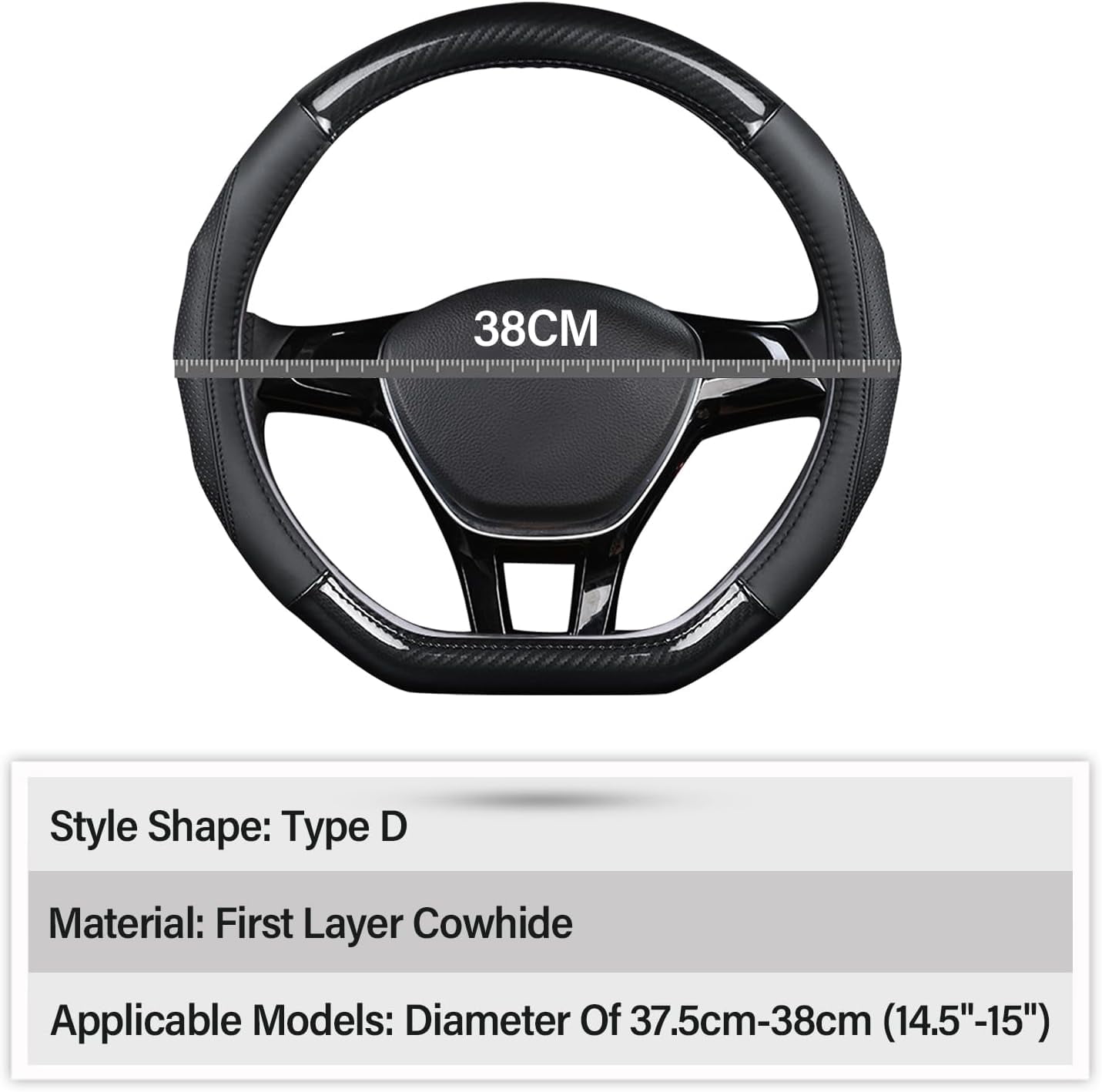D-Shape Car Steering Wheel Cover Non-Slip Car Steering Wheel Protector Universal for Diameter 38cm, Black