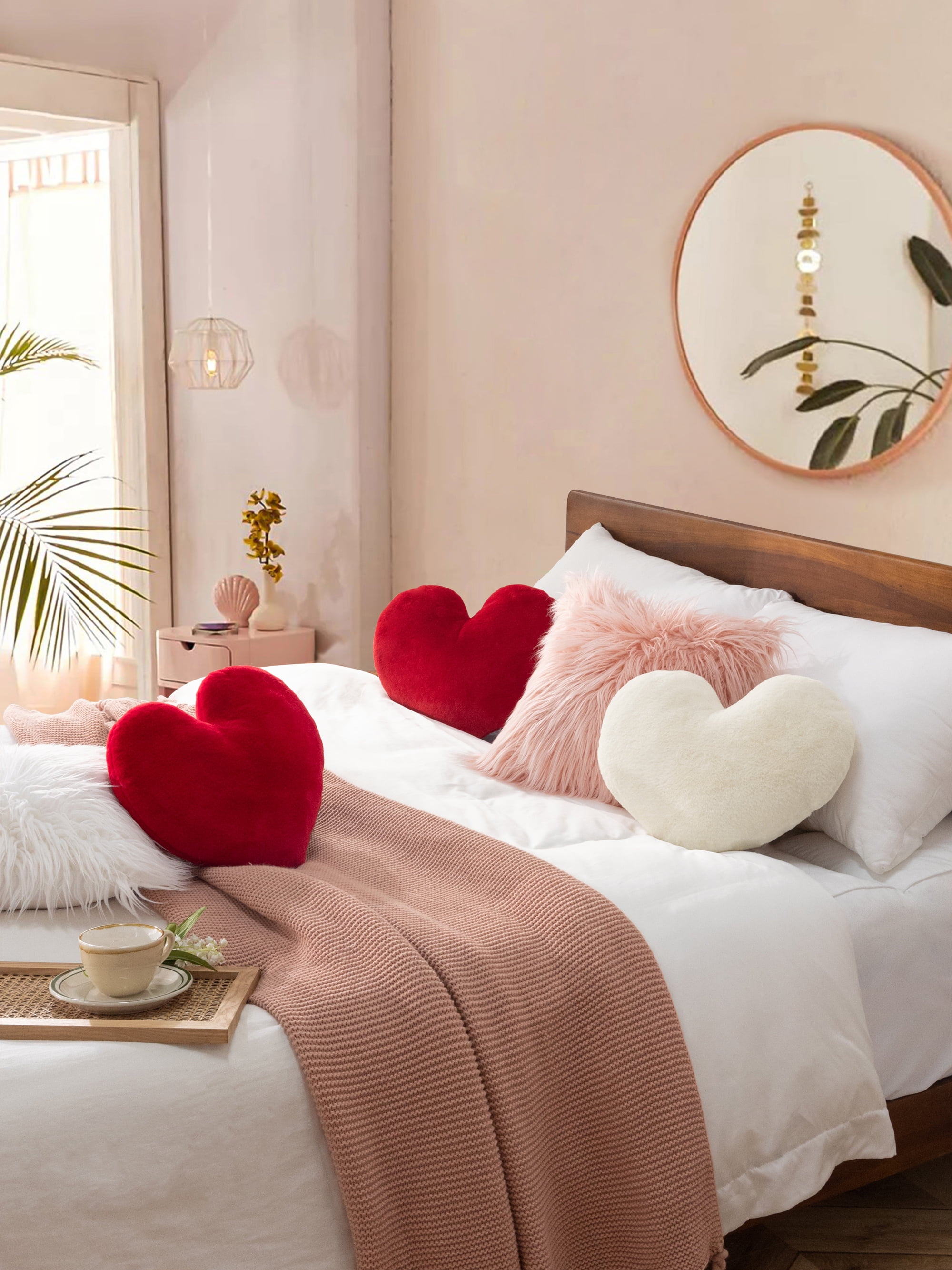 Valentine's Day Mother's Day 3D Heart Throw Pillow Plush Fluffy, Cute Soft Throw Cushion, Holiday Decorative for Home Bed Couch Heart Shape, Cream White, 15x17 inches