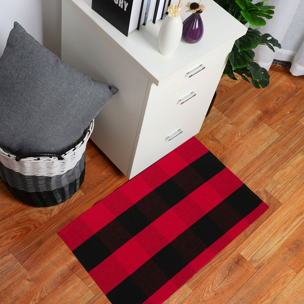 PiccoCasa Cotton Woven Buffalo Plaid Area Floor Rug, Red Black, (27.6"x