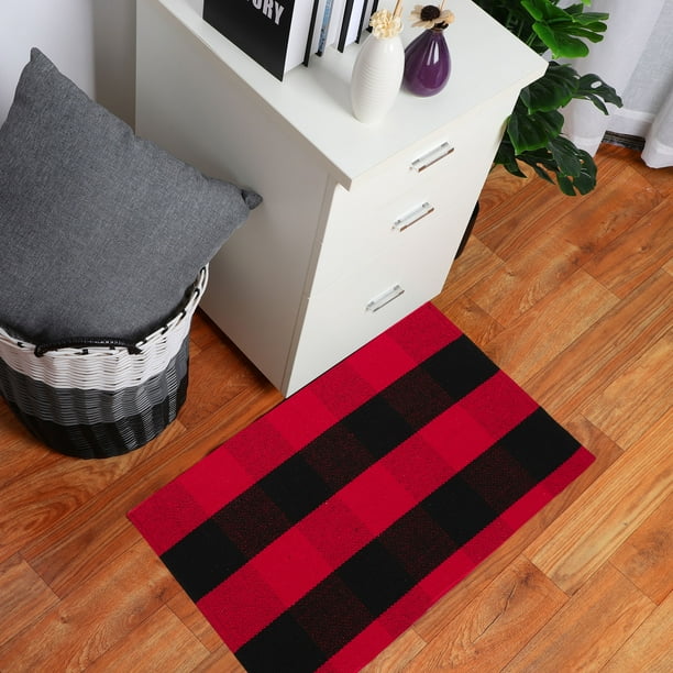 Cotton Woven Buffalo Plaid Rugs Black and Red Checkered Rug