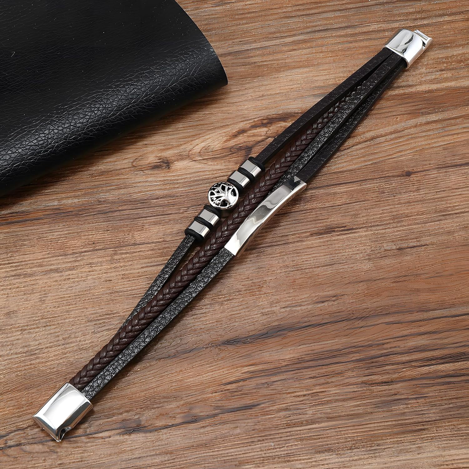 Tree Of Life Leather Bracelet For Men - Braided Multi-Layer With Stainless Clasp