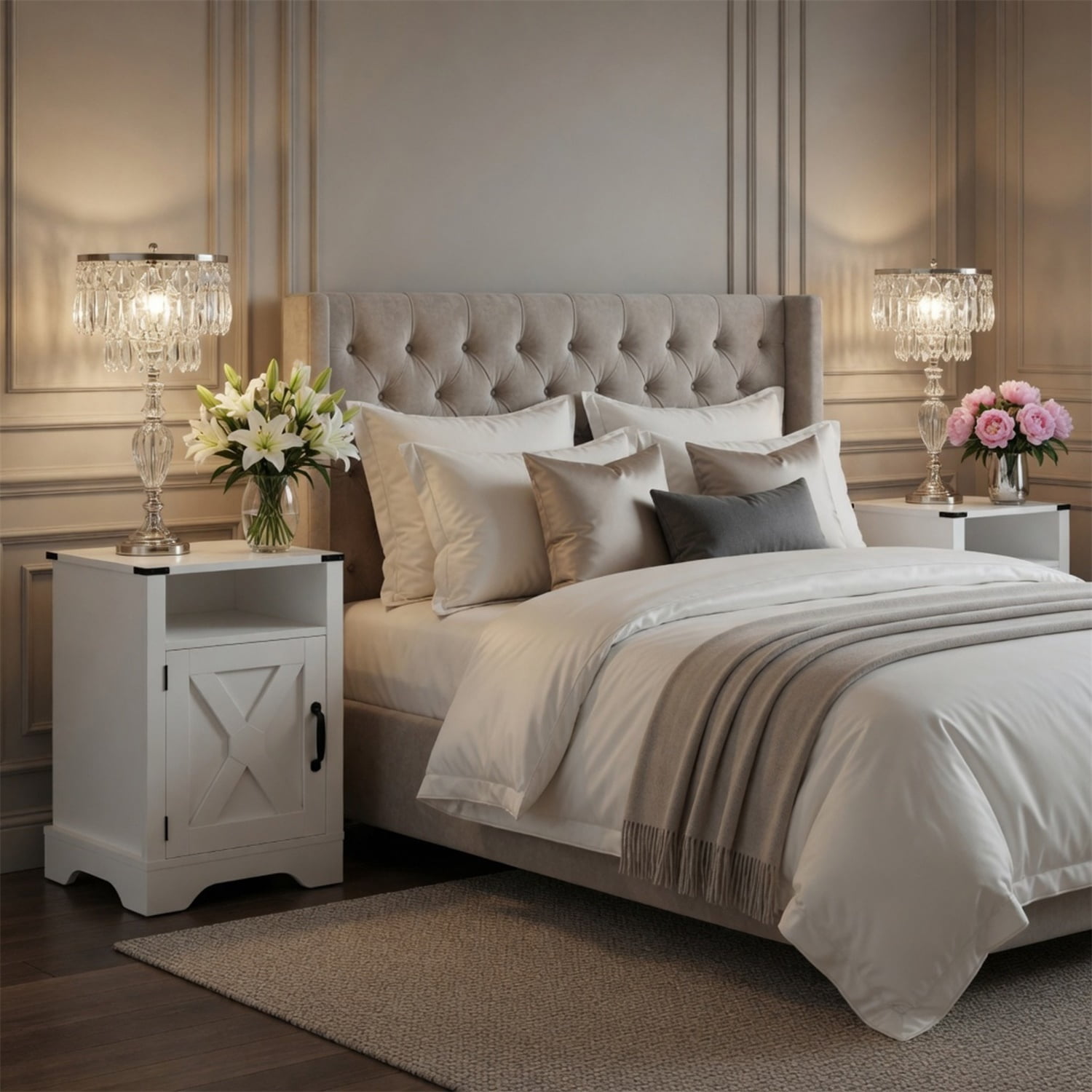 Hommoo 16"W Farmhouse Nightstand Sofa Side Table with Charging Station & Shelf Storage, White