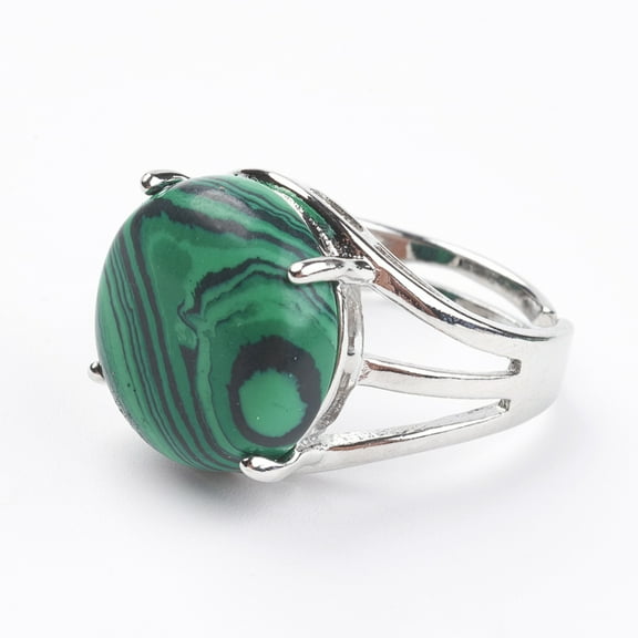 Adjustable Malachite Finger Rings with Brass Findings US Size 7 1/4(17.5mm)