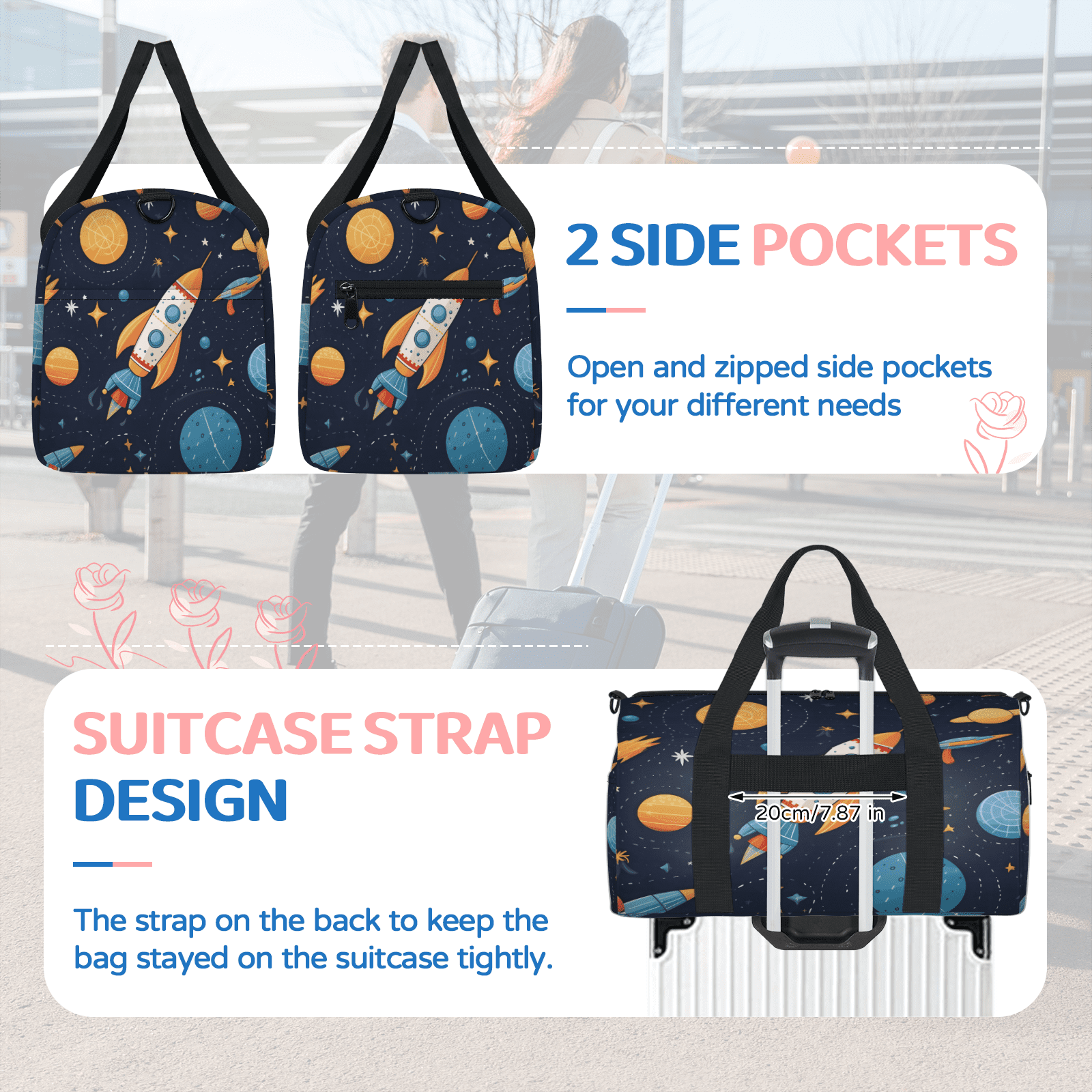 Herdesigns Space Rocket Galaxy Travel Duffle Bag Sports Yoga Weekender Overnight Carry on Workout Bags Lightweight Waterproof Gym Tote Bag for Women