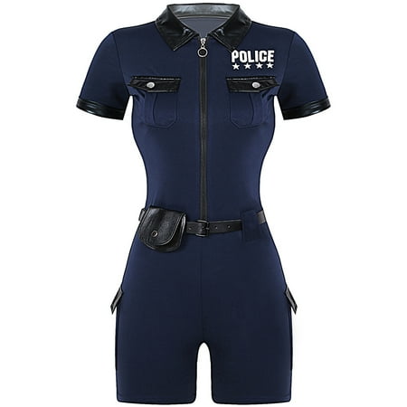 TiaoBug Womens Cop Policewoman Role Play Costume Zipper Shorts Jumpsuit with Belt Purse Navy Blue XL