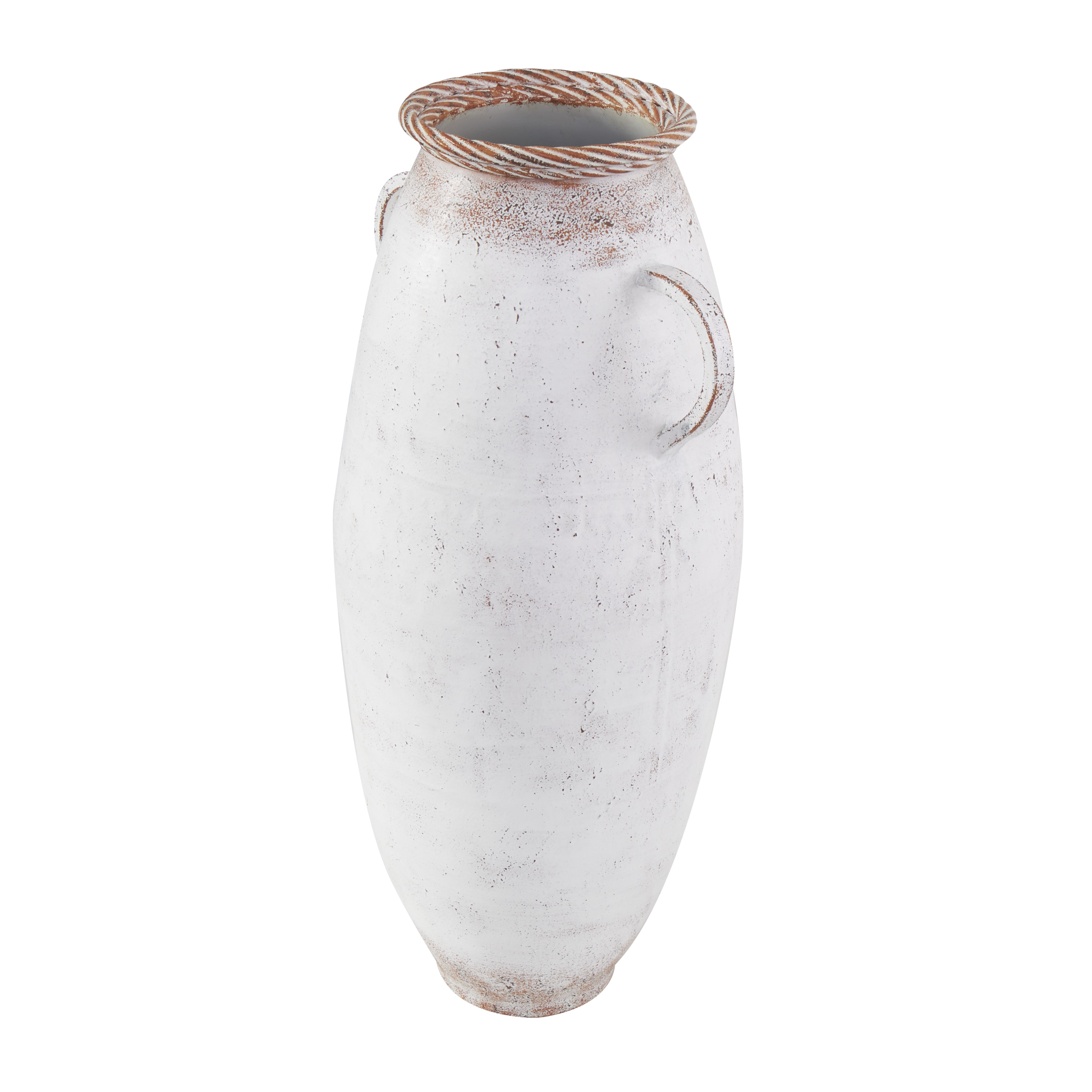 DecMode 24" White Metal Vase with Antique Distressing and Terracotta Accents