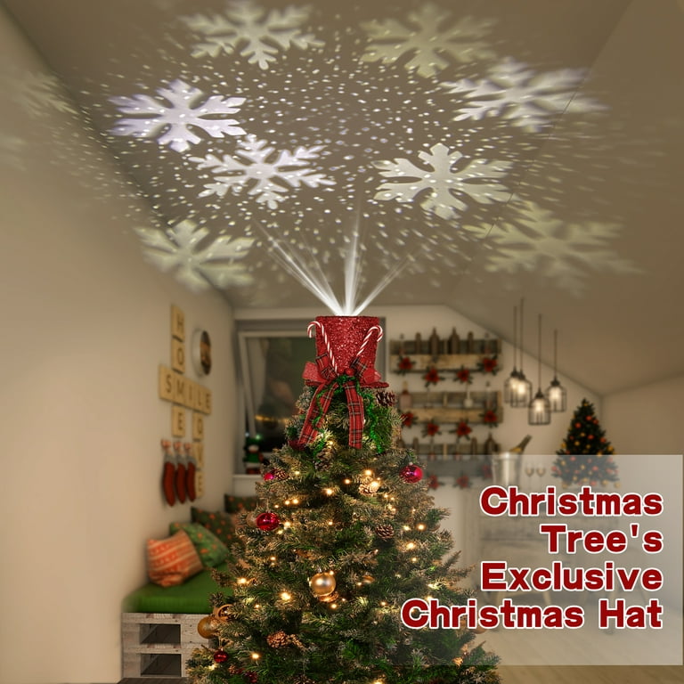  HIAGROW Christmas Tree Topper Hat, Lighted White Plush Tree  Toppers Red Bow Christmas Decorations with Snowflake Projector for Tree Xmas/Holiday/Winter  Wonderland Party Indoor Decor : Home & Kitchen