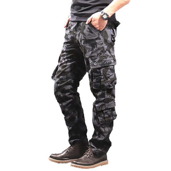 LUXUR Mens Pants Elastic Waist Bottoms Cargo Trousers Straight Leg Loungewear Camouflage Black Camouflage 30
