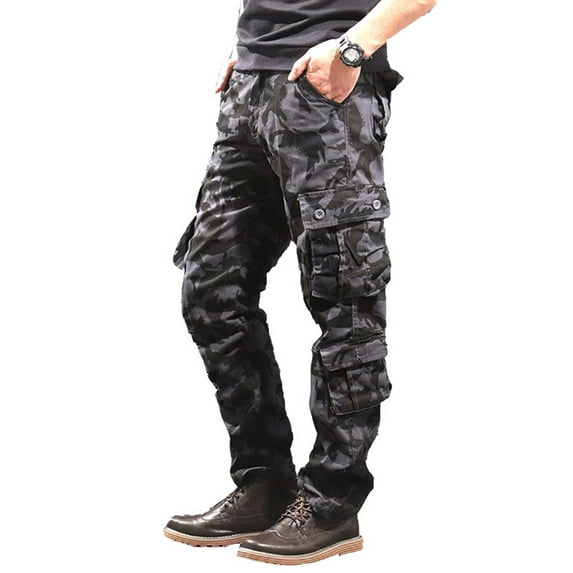Grianlook Men Casual Cargo Trousers Camouflage Camo Print Loungewear Work Multi-pocketed Pants Black Camouflage 40