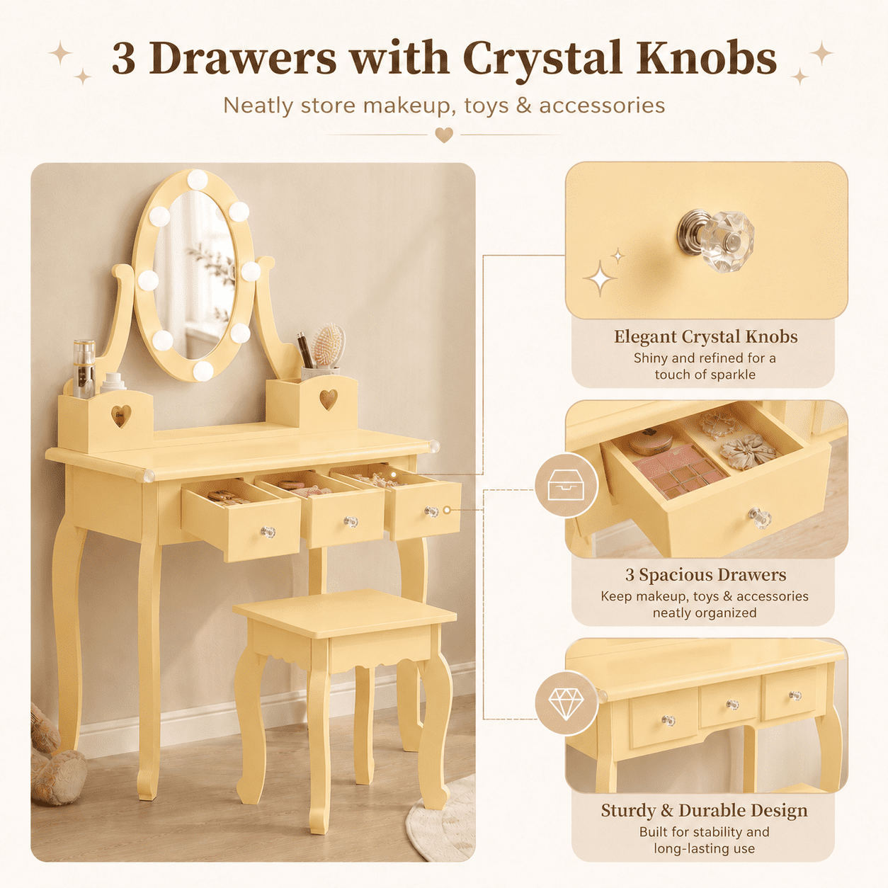 Ktaxon Kids Play Makeup Vanity Set with 3-Color Light, Girls Vanity Dresser Desk with Matching Stool, Light Orange