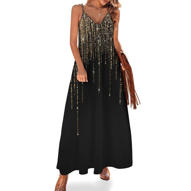 Vestido de noche elegante de lujo negro dorado brillante con flecos sin mangas, vestido de noche para mujer, vestido de noche para mujer, vestido de fiesta