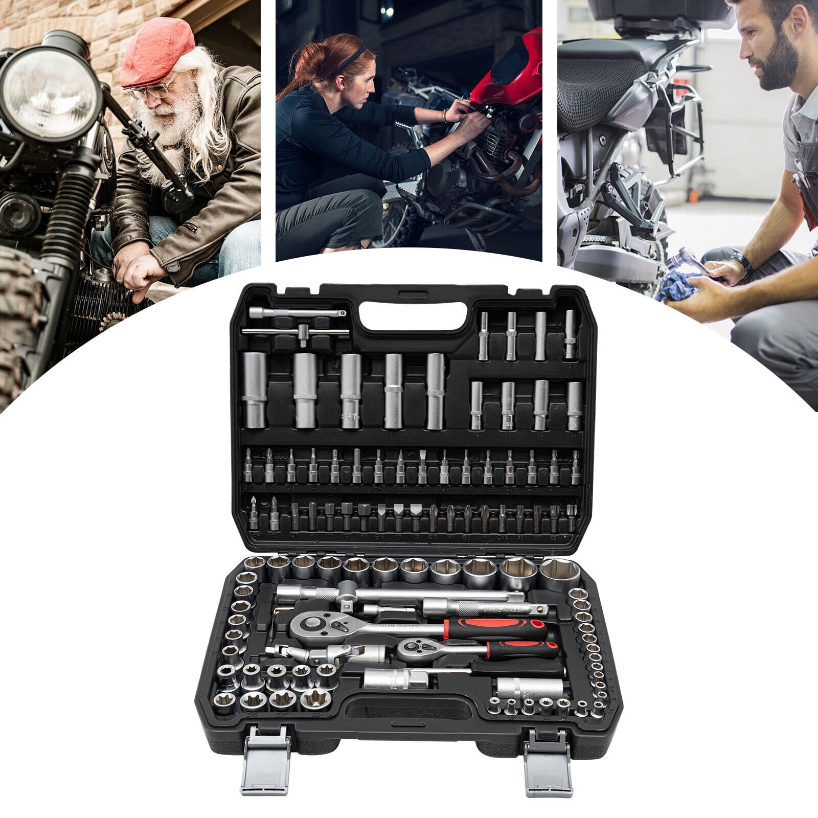 Ratchet Wrench 108Pcs Mechanical Tools Kit Metric 1/4 And 1/2 Drive Socket Set, Carbon Steel, #45 Steel, PP