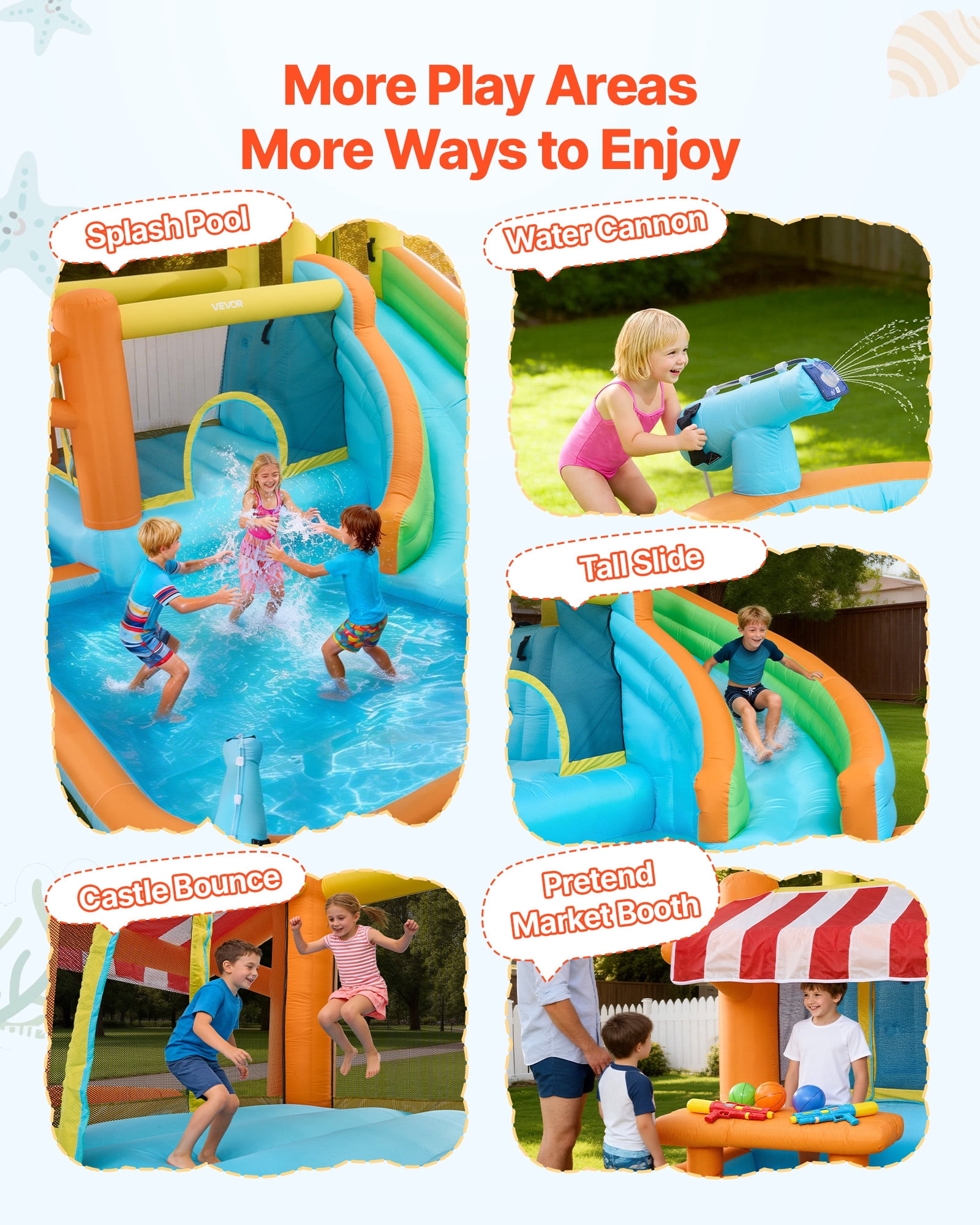 VEVOR Inflatable Bounce House, 14.9 x 12.8 x 7.8 ft Inflatable Bounce House Water Slide, Bouncer Castle with Castle Bounces, Tall Slide, Splash Pool & Pretend Market Booth,for 3 to 4 Kids Ages 3 to 8