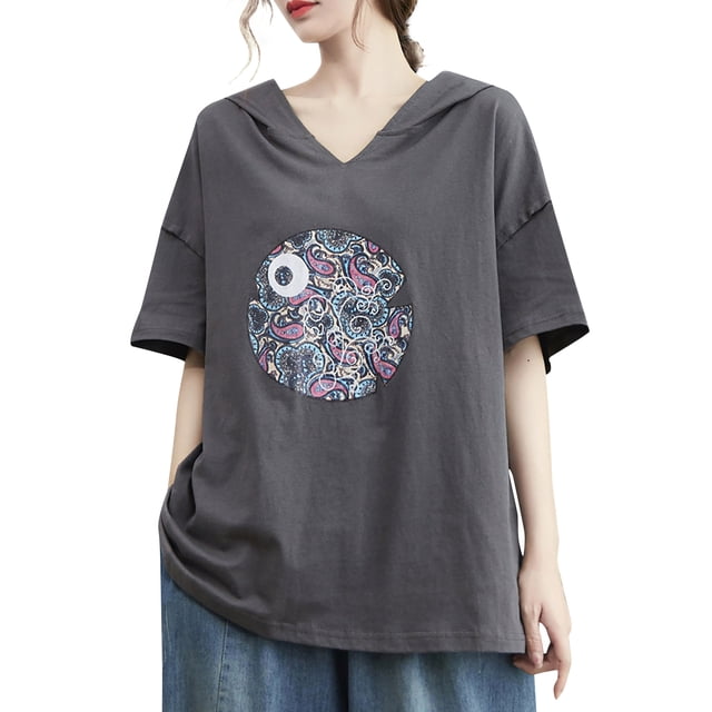 Camiseta holgada con capucha y escote en V para mujer, manga corta, estampado vintage