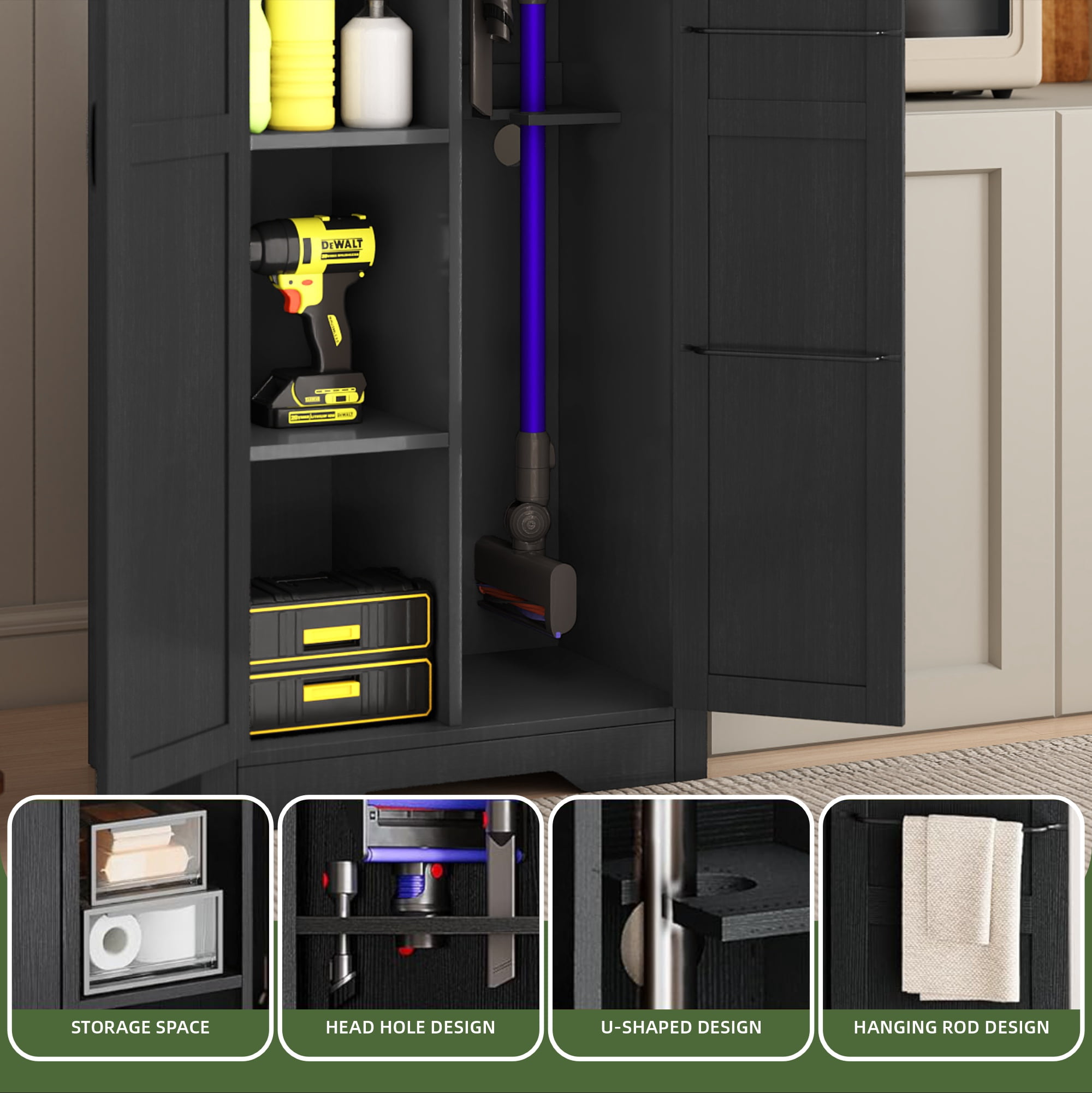 Uforic Utility Storage Cabinet, 55" Tall Wooden Cabinet with Shelves for Kitchen, Office, Garage - Black