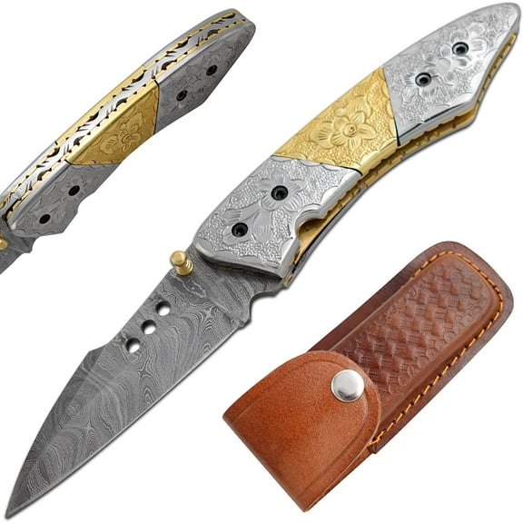 Custom Handmade Damascus Steel Manual Folding Knife - Beautiful Design Handle with Steel & Brass Bolsters