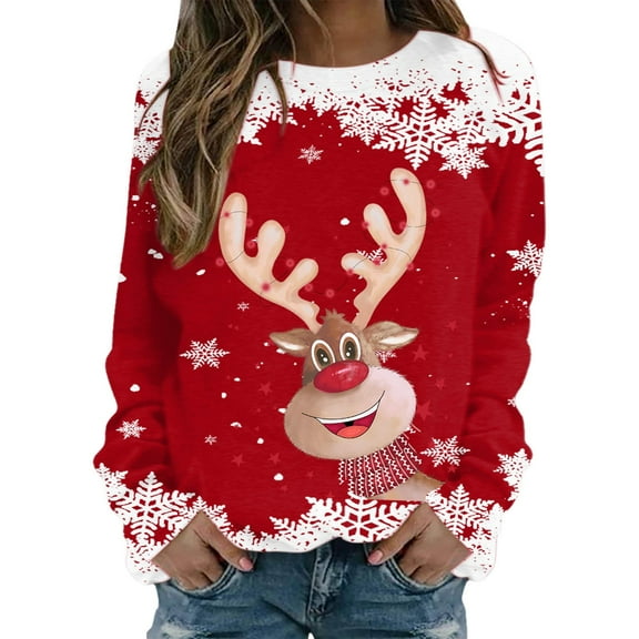 Fiaer Crew Neck Sweatshirts Women Christmas Deer Snowflake Graphic Tees Funny Xmas Plus Size Baggy Trendy Long Sleeve Tops Red XL