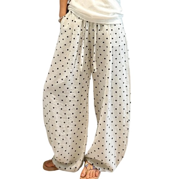 Aellinatey Women's Dot Print Wide Leg Linen Pants Elastic Drawstring Waist Baggy Trousers
