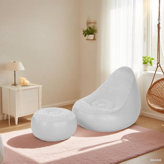 Blow Up Lounger Chair Inflatable Lounge With Footstool PVC Flocking Water Proof Folding Blow Up Couch Inflatable Sofa Chair For Home Camping Grey