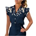 thumbnail image 1 of Pompotops Cardigan Imprimé Décontracté pour Femme, Col Montant, Volants, Manches Courtes, Boutons, Blouse, Hauts, T-Shirt, Liquidation, 1 of 6