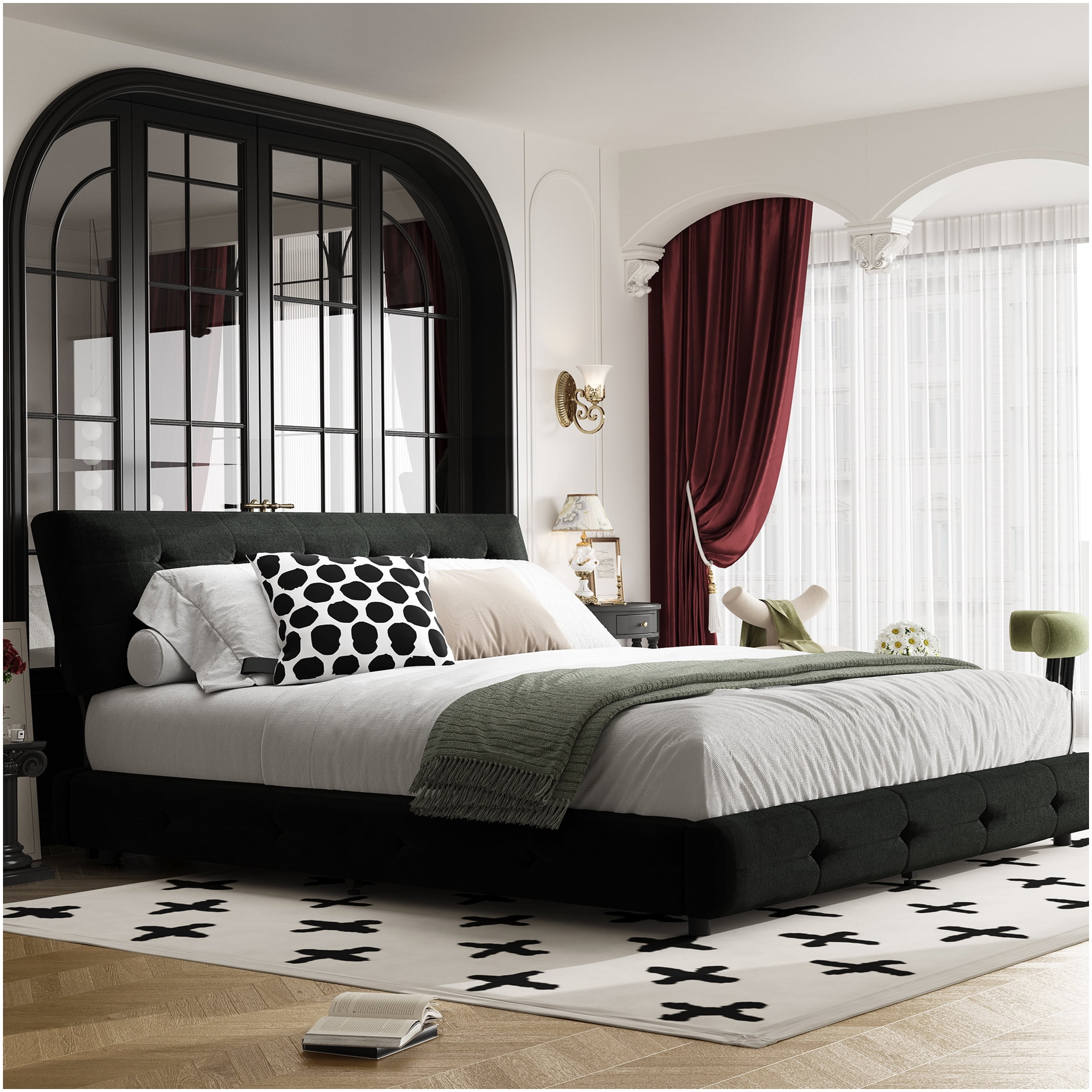King Size Upholstered Platform Bed Frame with Cloud Pillow Headboard, No Box Spring Needed, Sturdy Metal and Wood Support, Silent and Stable, in Black Chenille Fabric