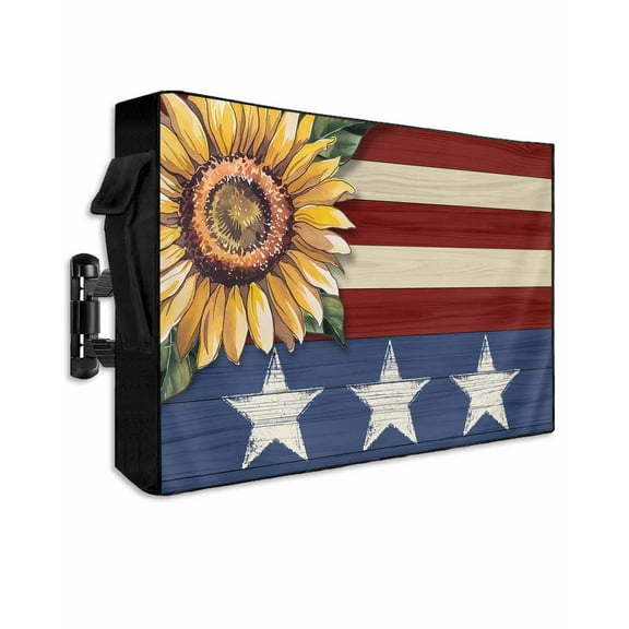 Sunflower America Flag Outdoor TV Cover 48 to 50 Inch Weatherproof, Farmhouse Retro US Flag 600D Oxford TV Covers with Waterproof Zipper, Outside Flat TV Screen Protector Size 48"W x 30"H x 4.5"D